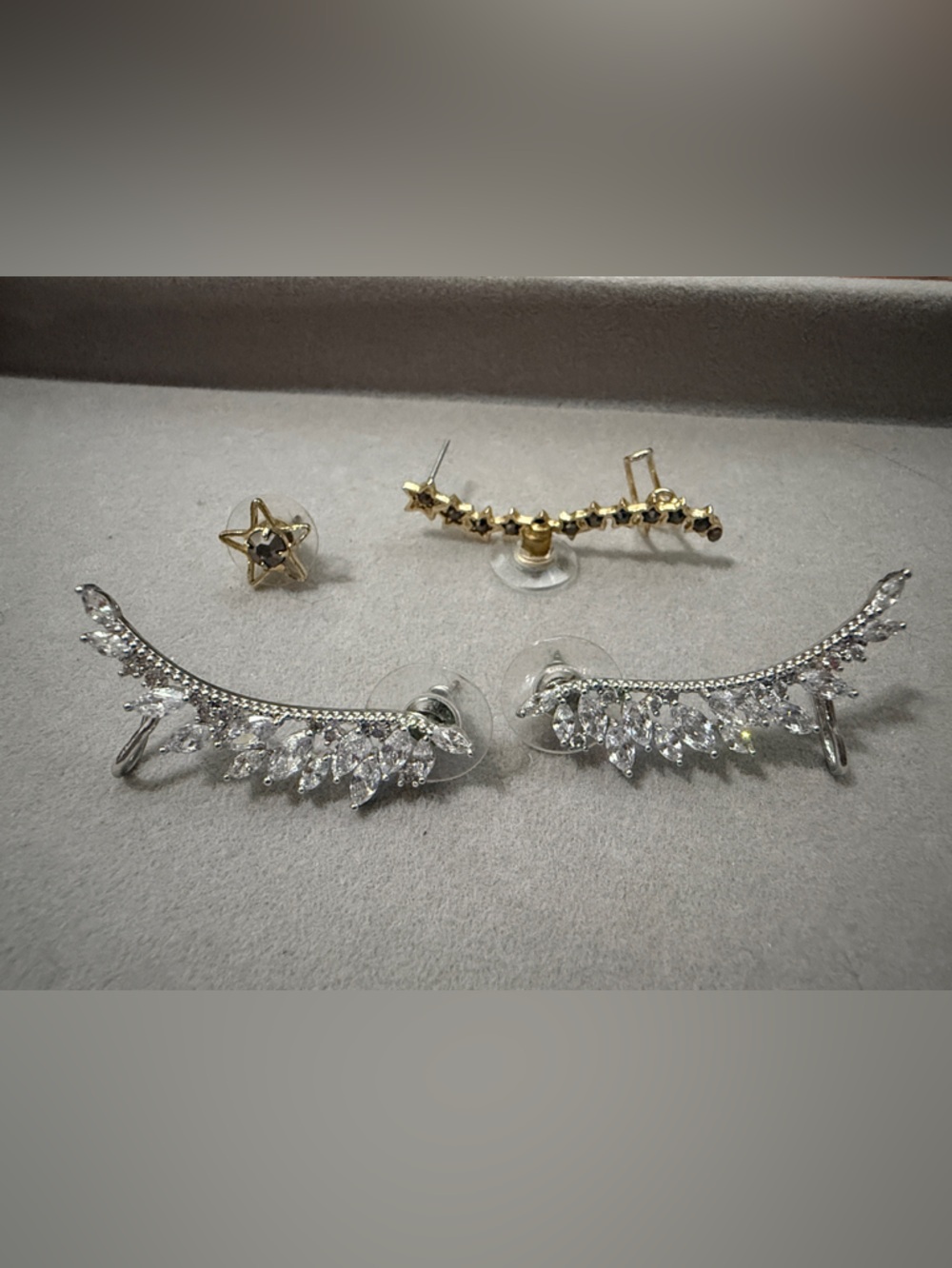 2 pairs Silver Crystal Ear Crawler Earrings with Gold Star Stud
